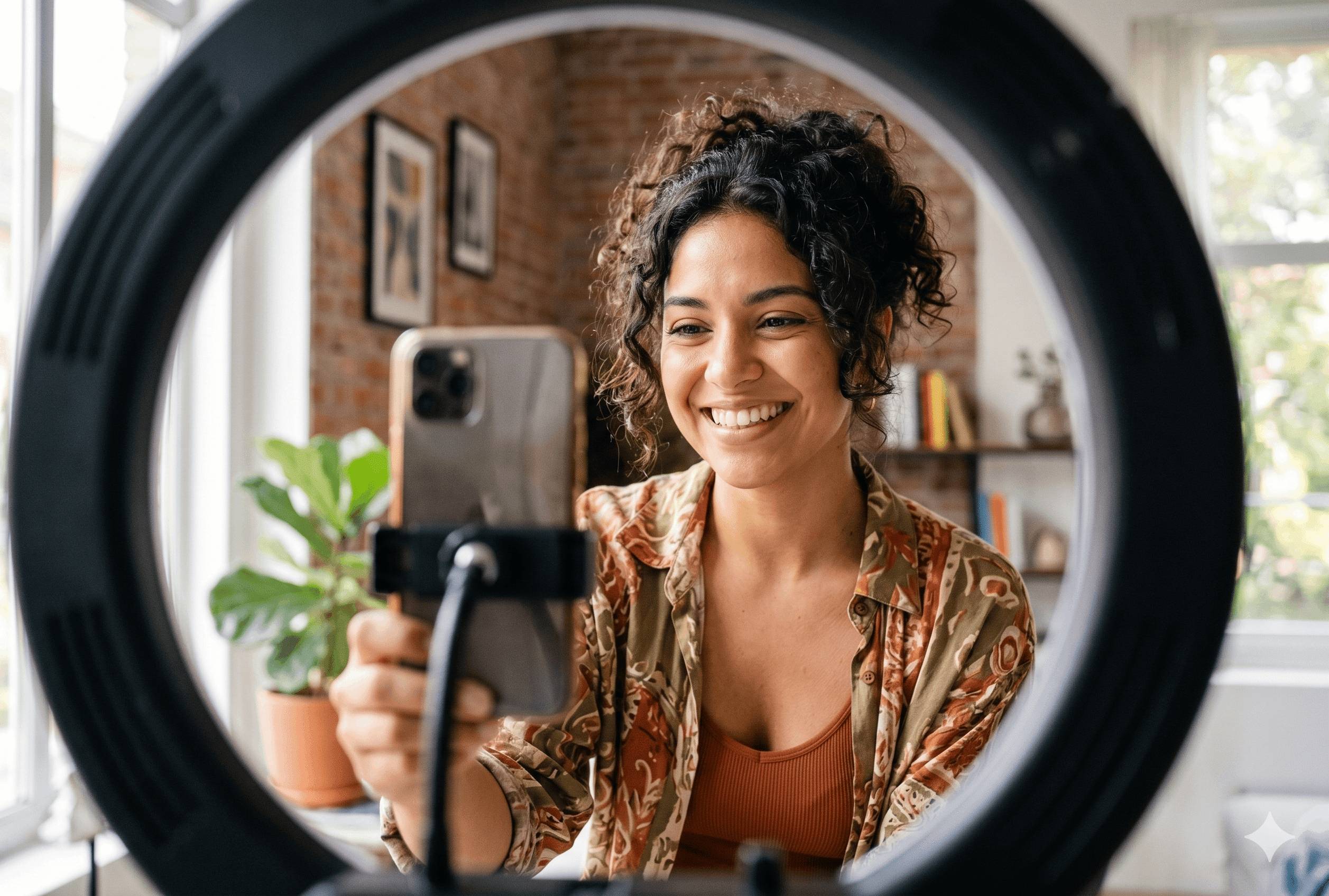 Creadora de contenido grabando con celular